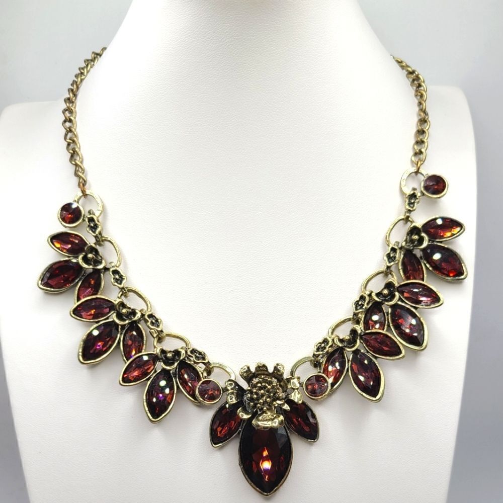 Statement Necklace, Burnished goldtone topaz colored rhinestones